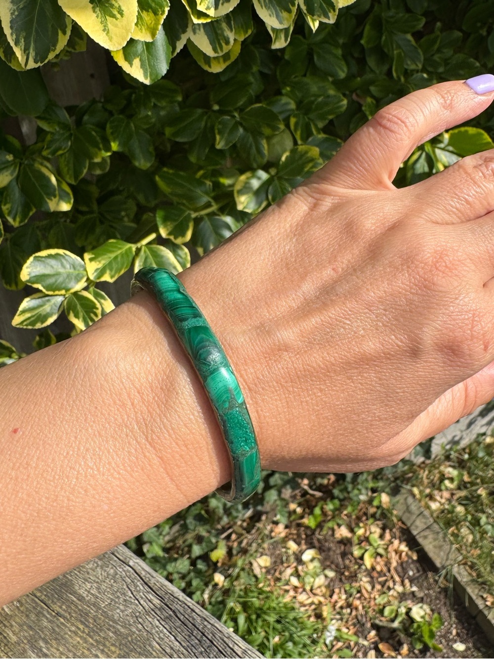Malachite Stone Inlay Bangle Bracelet - Vintage 1970’s Boho Hippie
